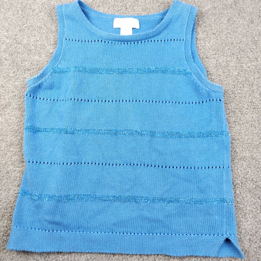 Susan Bristol Blue Knit Sleeveless Top Pointelle Eyelash Stripe Size Medium